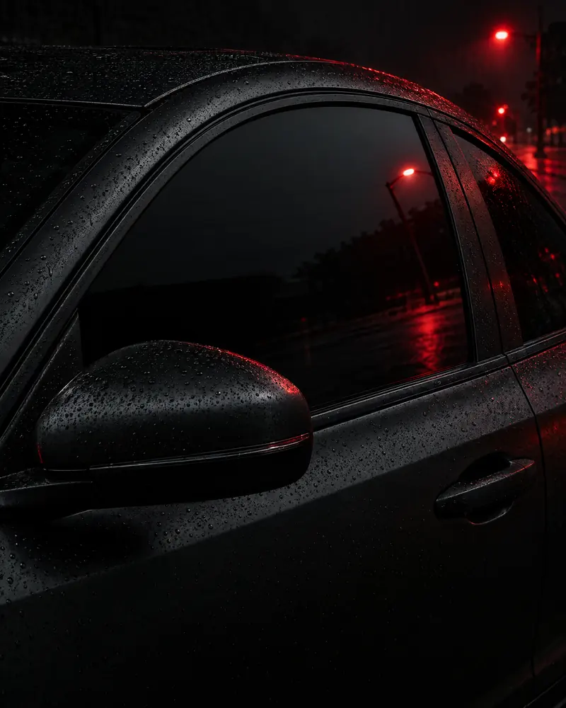 Tinted front window and mirror of a black car covered in raindrops at night