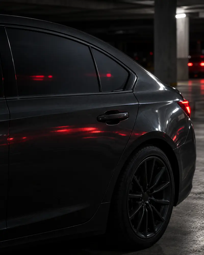 Rear door and tinted side windows of a dark gray sedan at night, with red light reflected along the body