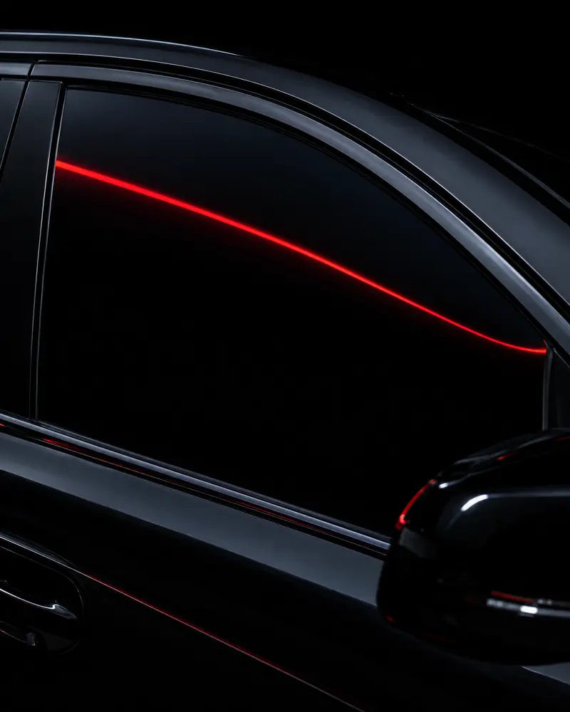 Side window of a black sedan with dark ceramic tint, a thin red light reflected across the glass