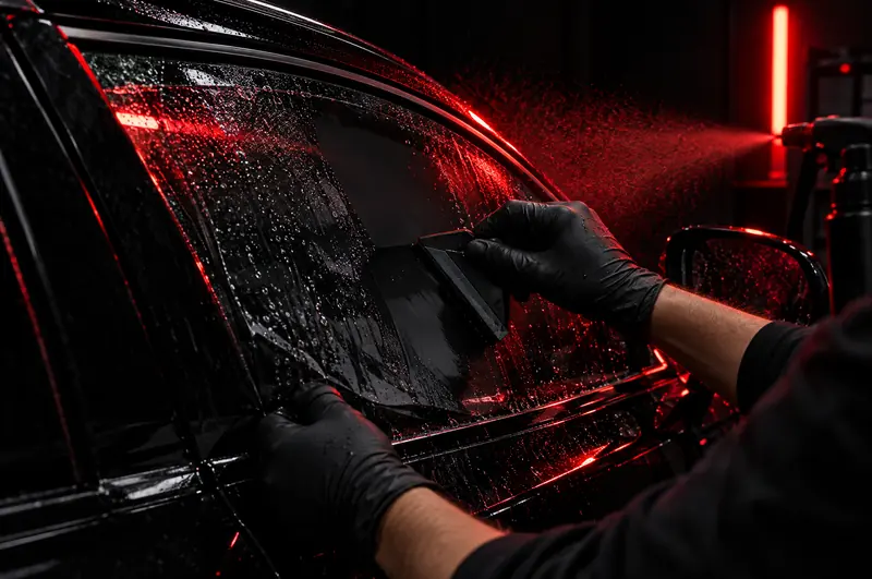 Gloved hands smoothing tint film onto a car door window with a squeegee